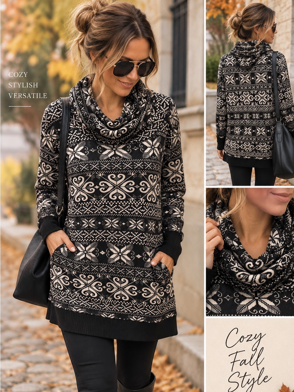Cowl Neck Patterned Women's Sweater - Black & Cream